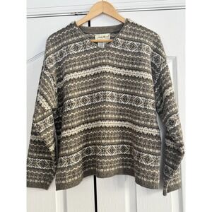 VTG Eddie Bauer Grandpa Wool Fair Isle Beige Nordic Vneck Sweater L Cabin Core